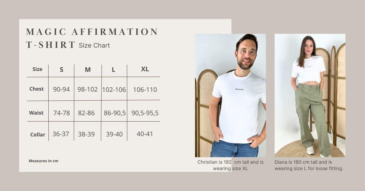 Magic Affirmations T-Shirt Size chart